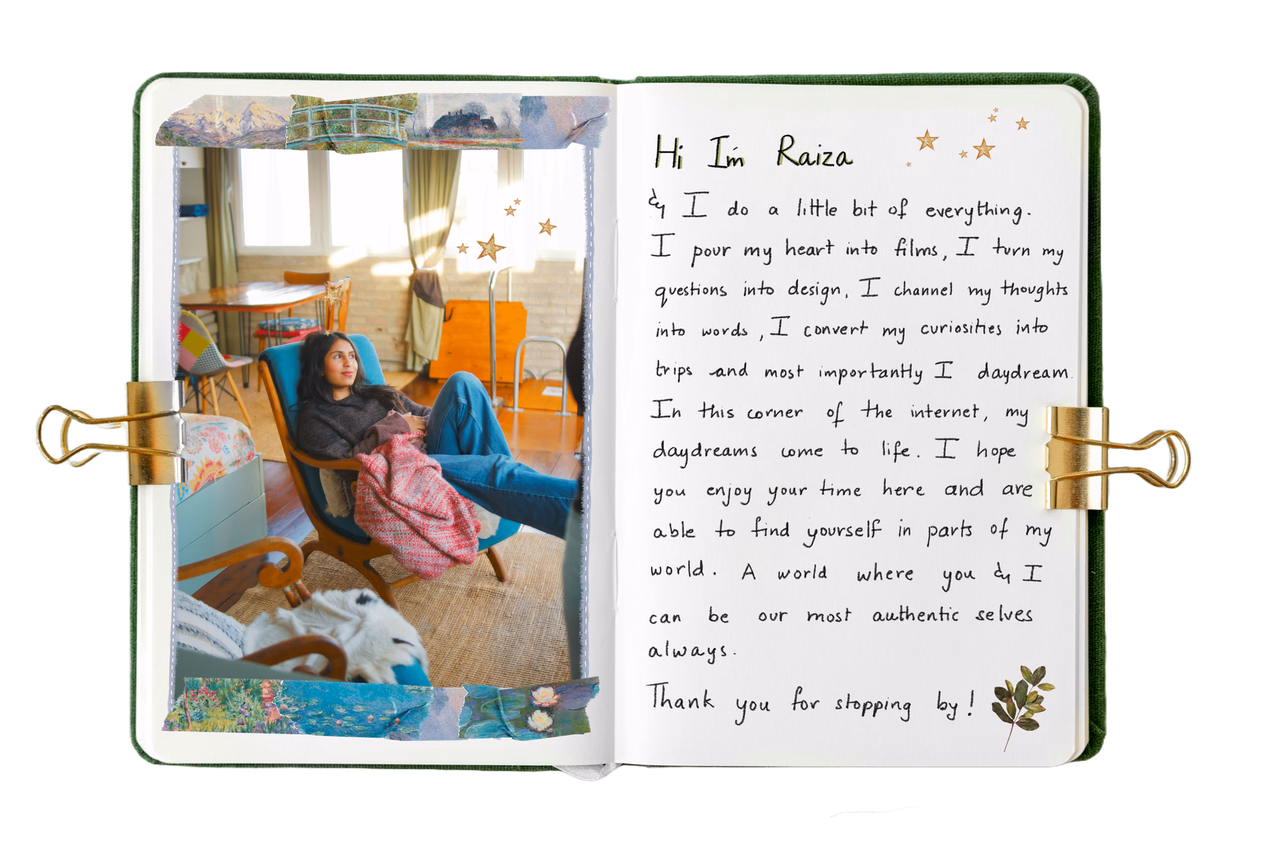 An open notebook. On the left page, a photograph of Raiza sitting in a armchair by a window. On the right page, a handwritten introduction.